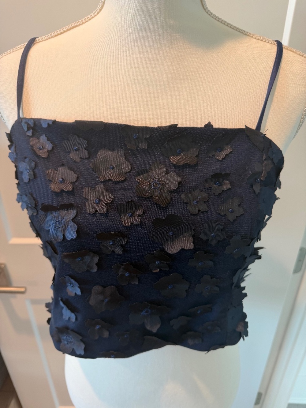 Anthropologie Eva Franco Crop Spaghetti Strap Top Navy Blue Appliqué Floral 12
